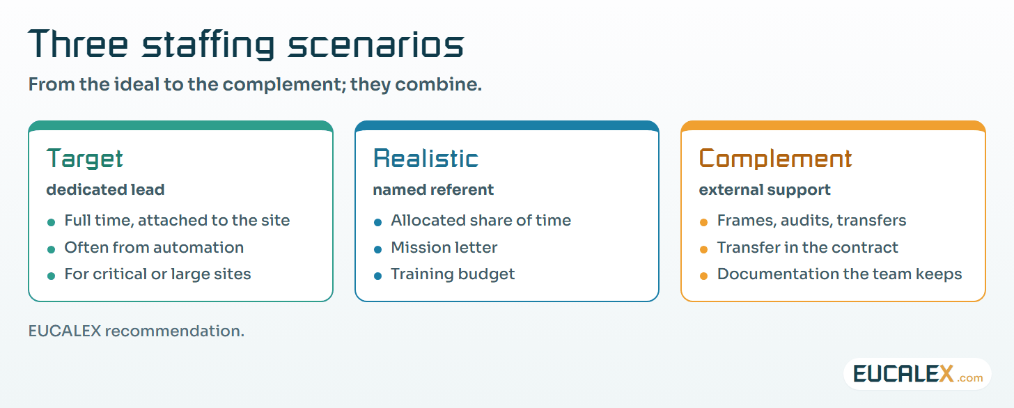 Three staffing scenarios. They combine: a referent supported by a specialist is a common path to a dedicated lead.
