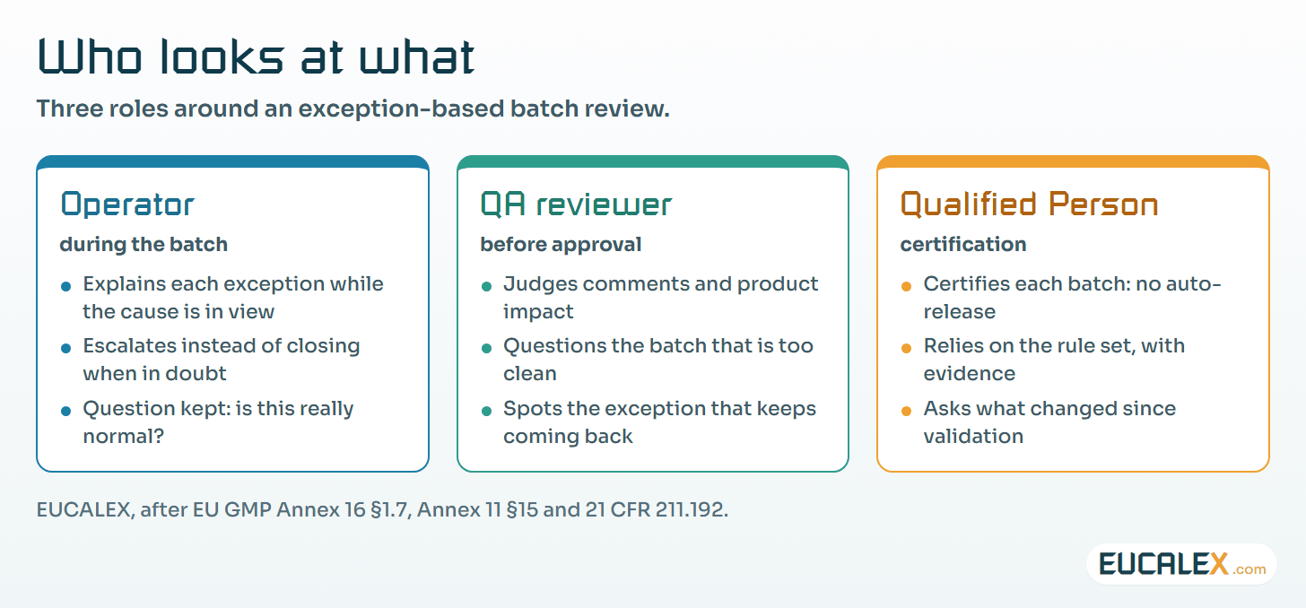 Who looks at what, once review moves to exceptions. Each role keeps a question that no rule set can answer for it.